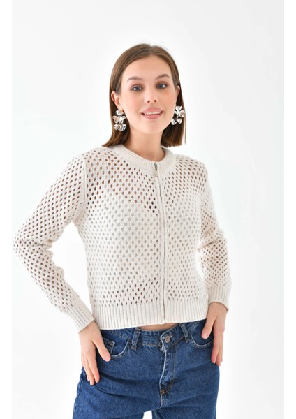 Bisiklet Yaka Fermuar Detaylı Delikli Triko Kazak indirimleri