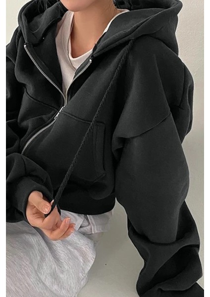 Siyah Crop Top Kalın Kumaş Fermuarlı Kapüşonlu Sweatshirt