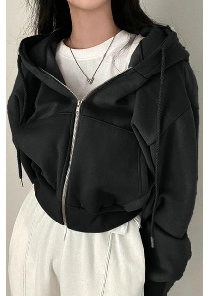 Siyah Crop Top Kalın Kumaş Fermuarlı Kapüşonlu Sweatshirt fiyatları
