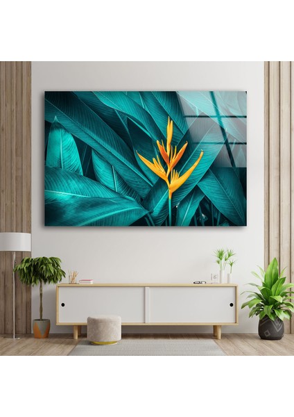 Canlı Yeşil Yaprak Çiçek Temperli Cam Duvar Tablosu