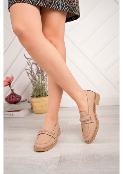Nexskadın Nut Cilt Loafer Taşlı Ayakkabı modelleri