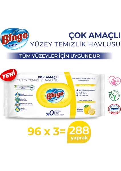 Pratik Yüzey Temizlik Havlusu Limon Kokulu 96X3 (288 Yaprak)