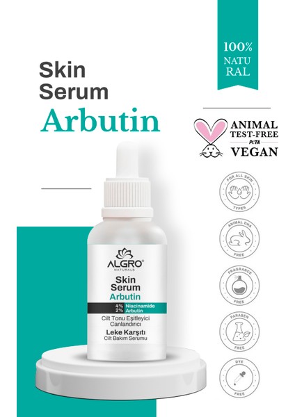 Arbutin Cilt Tonu Eşitleyici & Leke Karşıtı & Canlandırıcı & Aydınlatıcı Cilt Bakım Serumu 30 ml