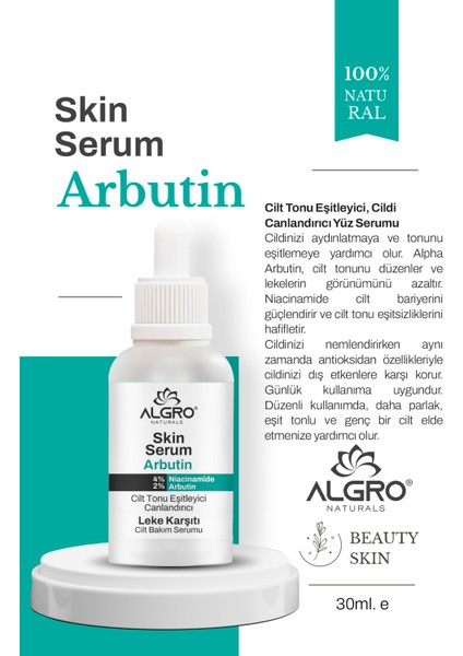 Arbutin Cilt Tonu Eşitleyici & Leke Karşıtı & Canlandırıcı & Aydınlatıcı Cilt Bakım Serumu 30 ml