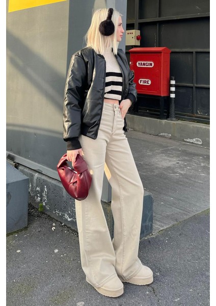 Bej Straight Wide Kadın Jean MG2000