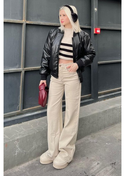 Bej Straight Wide Kadın Jean MG2000