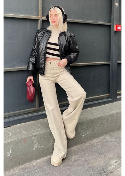 Bej Straight Wide Kadın Jean MG2000