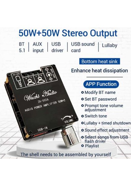 ZK-502A Bluetooth 5.1 Dijital Ses Amplifikatör Kartı 50W+50W Stereo (Yurt Dışından)