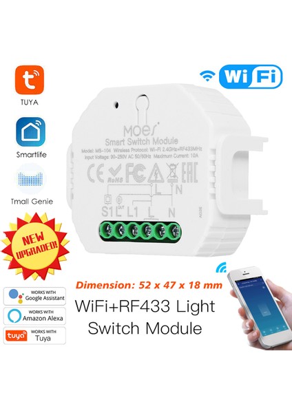 MS-104 AC90-250V 1ch 2.4g Wifi + RF433 10 Amp Akıllı Otomatik Anahtar Modülü (Yurt Dışından)