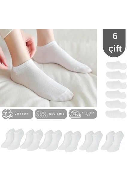 Kral Socks Erkek - Kadın Düz Desen (6 Çift) Beyaz Renkli Snikers Pamuklu Terletmez Çorap