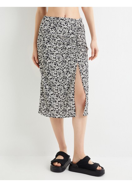 Çiçekli Midi Etek Önden Yırtmaç Detaylı Yüksek Bel modelleri
