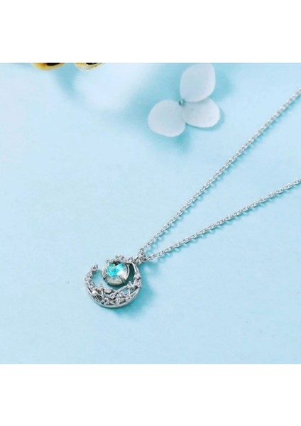 925 Ayar Gümüş Kristal Tasli Ay Kolye