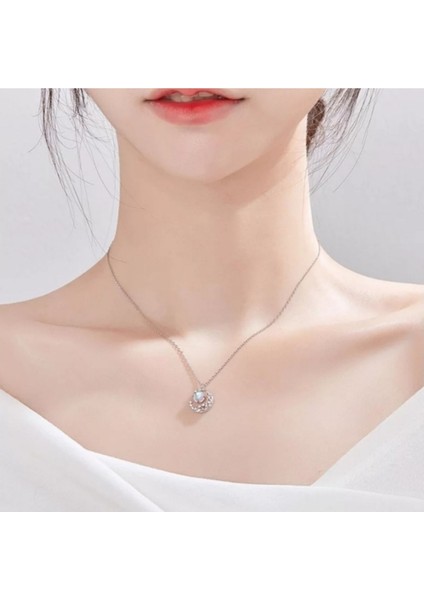 925 Ayar Gümüş Kristal Tasli Ay Kolye