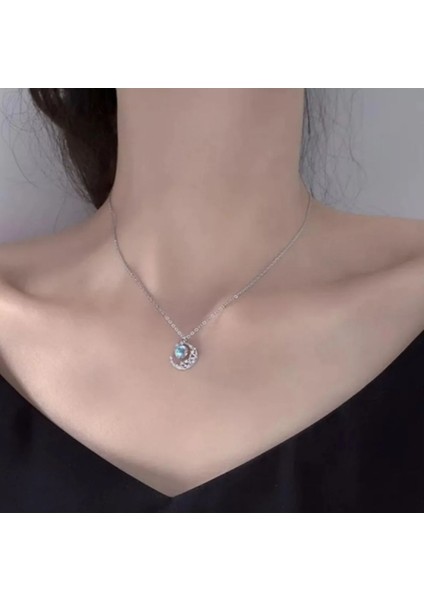 925 Ayar Gümüş Kristal Tasli Ay Kolye