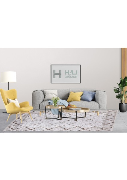 Modern Bej Geometrik Desen Baskı Yıkanabilir Hipoalerjenik Kaymaz Taban Halı Yolluk