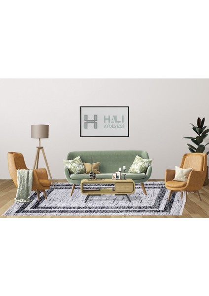 Modern Gri Çerçeveli Dijital Baskı Yıkanabilir Hipoalerjenik Kaymaz Taban Halı Yolluk indirimleri