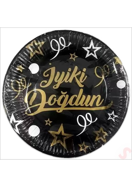 Iyiki Doğdun Siyah & Altın Karton Tabak - 23CM x 8 Adet