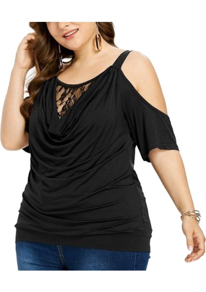 Patchwork Dantel Bluz Kadın Rahat Kısa Kollu Gömlek Y Soğuk Kapalı Omuz Üst Tee Gevşek Bluzlar Siyah Xxxl Tops (Yurt Dışından) fiyatları
