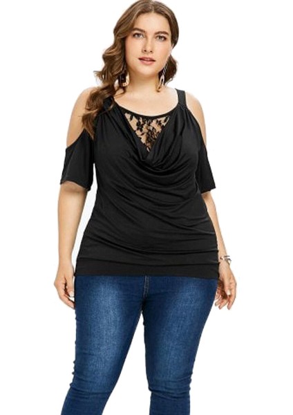 Patchwork Dantel Bluz Kadın Rahat Kısa Kollu Gömlek Y Soğuk Kapalı Omuz Üst Tee Gevşek Bluzlar Siyah Xxxl Tops (Yurt Dışından) indirimleri