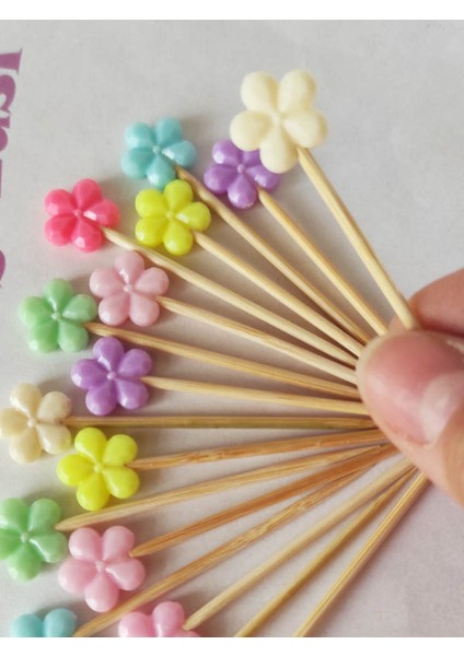 100 Adet Çiçekli Pasta Kürdanı 6 cm Karışık Renk - Papatyalı Kokteyl Kürdanı