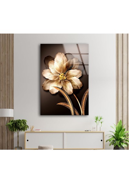 Altın Çiçek Temperli Cam Duvar Tablosu