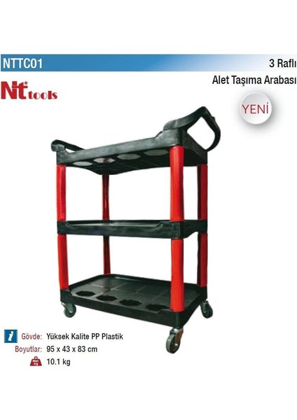3 Raflı Alet Taşıma Arabası Yüksek Kalite Pp Plastik NTTC01 95X43X83 Cm.