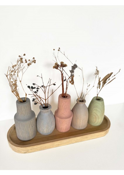 Dekoratif Ahşap Tabaklı Flora Set Mini 5'li Vazo Set