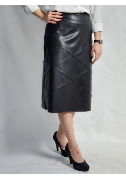 Çıma Dikişli Baklava Desenli Deri Siyah Midi Etek fiyatları