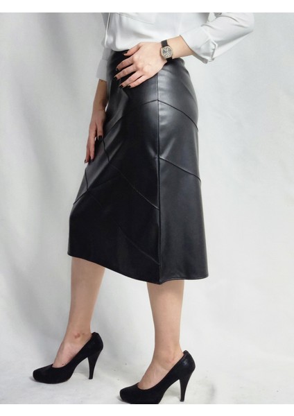 Çıma Dikişli Baklava Desenli Deri Siyah Midi Etek modelleri