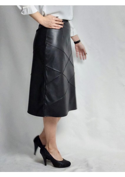 Çıma Dikişli Baklava Desenli Deri Siyah Midi Etek fırsatları