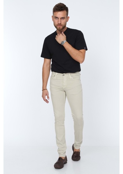Digital Jeans Dar Kesim Erkek Likralı Krem Kot Pantolon