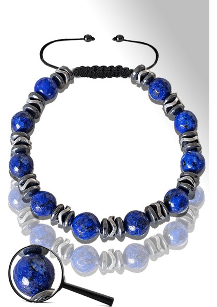 Sertifikalı Silver Hematitli Lapis Lazuli Taşı Bileklik - Ayarlamalı