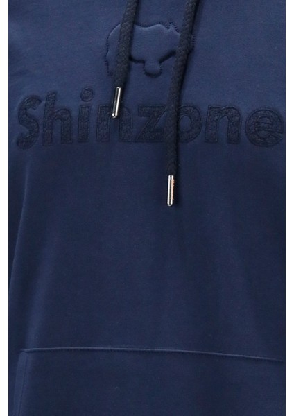 Erkek Standart Fit Kapüşonlu Baskılı Cepli Lacivert Sweatshirt