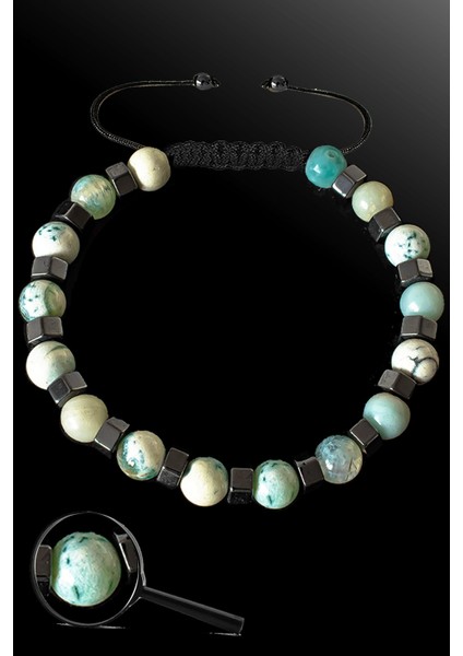 Sertifikalı Silver Hematitli 6 mm Yeşil - Beyaz Akik Taşı Bileklik - Tibet Akiği