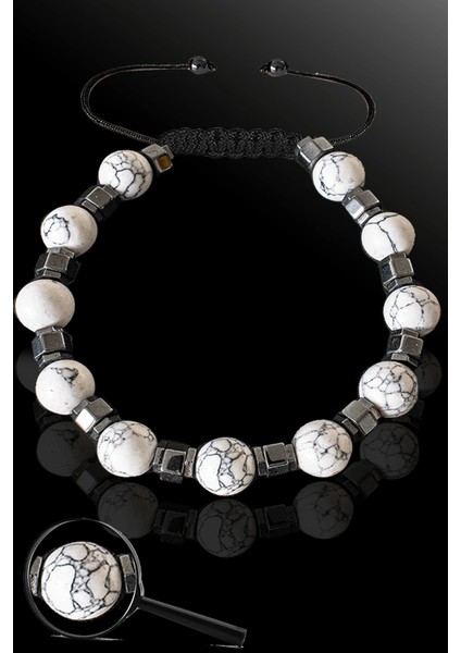 Sertifikalı Silver Hematitli 8 mm Doğal Havlit Taşı Bileklik - Ayarlamalı
