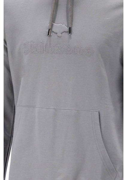 Erkek Standart Fit Kapüşonlu Baskılı Cepli Gri Sweatshirt