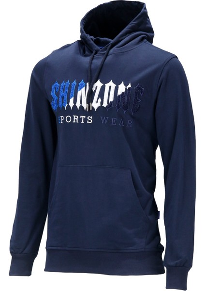 Erkek Standart Fit Kapüşonlu Kabartma Baskılı Lacivert Sweatshirt