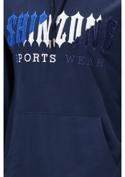 Erkek Standart Fit Kapüşonlu Kabartma Baskılı Lacivert Sweatshirt