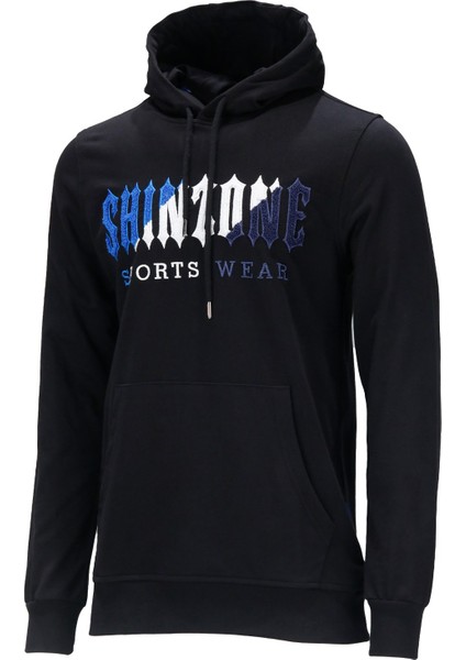 Erkek Standart Fit Kapüşonlu Kabartma Baskılı Siyah Sweatshirt