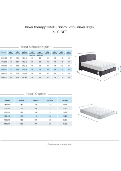 Silver Therapy Yatak, Canto Baza, Silver Başlık Tek Kişilik 3'lü Set - Antrasit