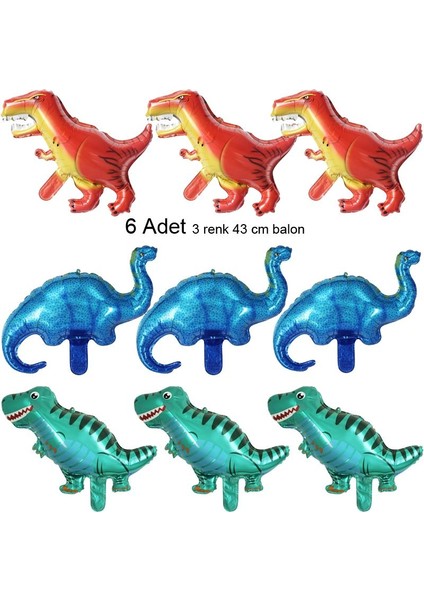 Shape Şekilli 3 Renk Dinozor Folyo Balon 43 cm 6 Adet