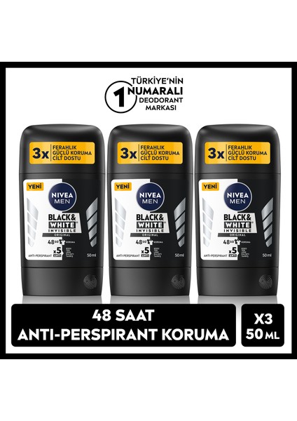 Men Erkek Stick Deodorant Black & White Original 50 ml, 48 Saat Koruma, X3 Adet