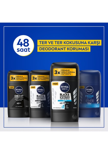 Men Erkek Stick Deodorant Black & White Original 50 ml, 48 Saat Koruma, X3 Adet