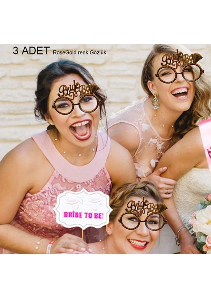 Plastik Camsız Bride To Be Bekarlığa Veda Parti Gözlüğü Rose Gold Renk 3 Adet