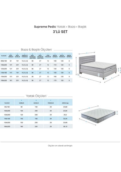 Bedding Supreme Pedic Yatak - Baza - Başlık Set -Mavi 140 x 190 cm