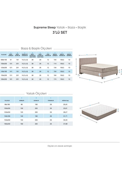 Bedding Supreme Sleep Yatak, Baza, Başlık Çift Kişilik 3'lü Set - Bej