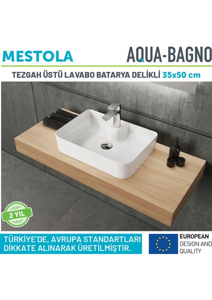 Mestola Tezgah Üstü Kare Çanak Lavabo Batarya Delikli 50 x 35 cm Beyaz