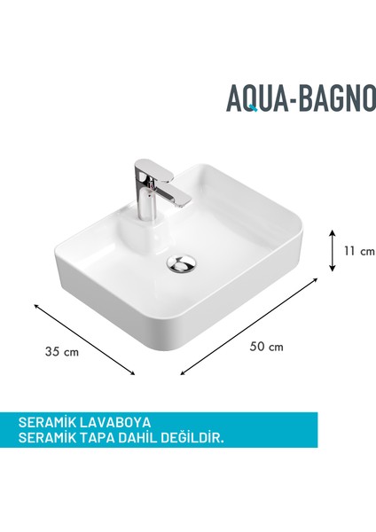 Mestola Tezgah Üstü Kare Çanak Lavabo Batarya Delikli 50 x 35 cm Beyaz