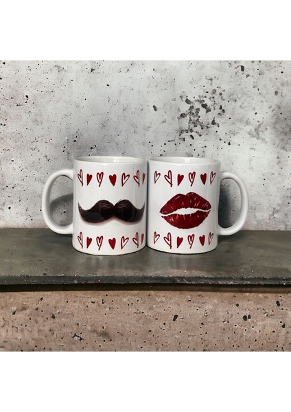 Desenli Baskılı Sevgililer Günü Temalı Çiftli Kupa