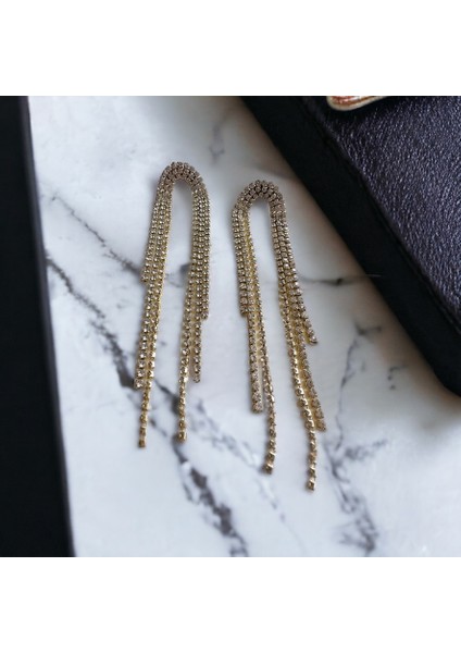 Als Accessories Kadın Uzun Model Zirkon Taşlı Gold Renk Sallantılı Küpe